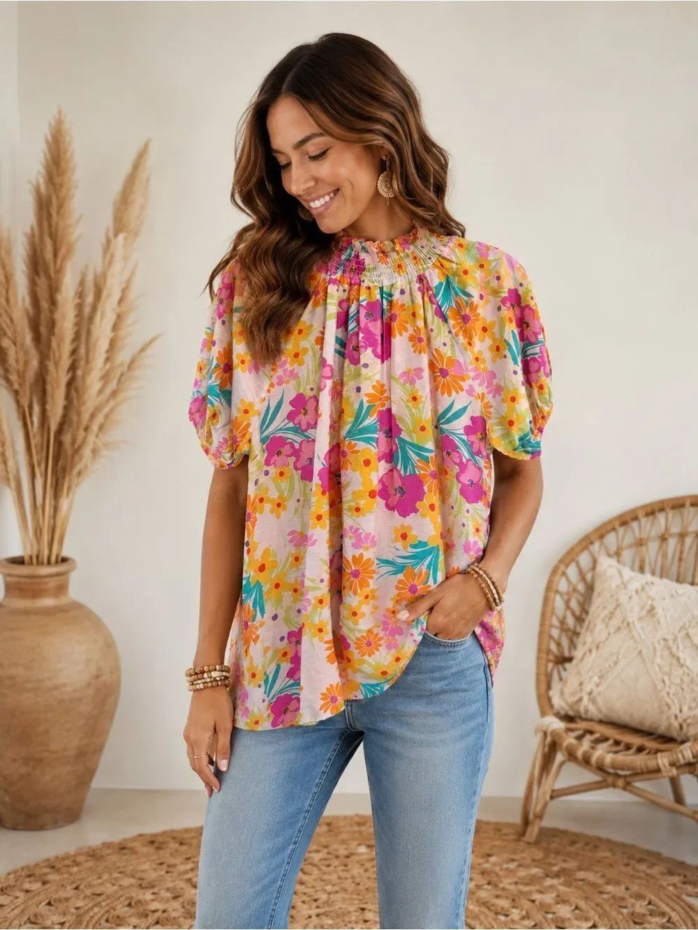 Lovely Melody Pink Multi Floral Shirred Neck Puff Sleeve Blouse
